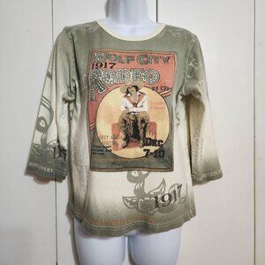 Vintage Style Wolf City Rodeo 1917 Shirt Large Rhinestone Western Cowgirl Top